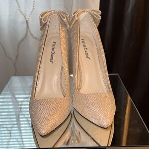 Pierre Dumas Rose Gold Glitter Pointed Toe Pumps with Bow